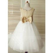 Champagne Satin Ivory Tulle Wedding Flower Girl Dress