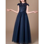 Princess Scoop Floor-Length Lace/Tulle Flower Girl Dress Navy Blue Ball-Gown