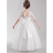 White Elegant Flower Girl Dress Lace Tulle Half Sleeves Princess Bow Birthday Concert Floor-length Junior Bridesmaid Gown