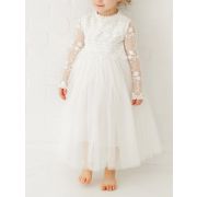 Long Sleeve Lace Flower Girl White Tulle Wedding Bohemian Lace Dress Boho Christening Gown Baptism Dress