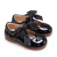 Black Microfiber Leather Girls Shoes With Handmade Bow-knot