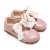 Camel Microfiber Leather Girls Shoes With Handmade Bow-knot