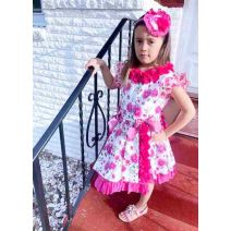 Girls Rose Red Flowers Patterns Ornament Bows Ruffle Hem Dress + Handmade Headband