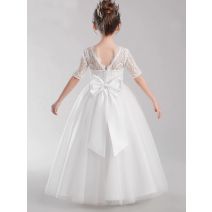 White Elegant Flower Girl Dress Lace Tulle Half Sleeves Princess Bow Birthday Concert Floor-length Junior Bridesmaid Gown