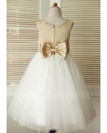 Champagne Satin Ivory Tulle Wedding Flower Girl Dress