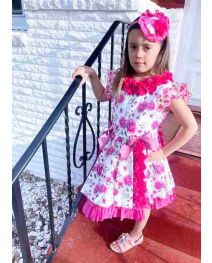 Girls Rose Red Flowers Patterns Ornament Bows Ruffle Hem Dress + Handmade Headband