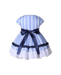 (PRE-ORDER)3 Pieces Baby Girl Lace Blue and White Striped Ruffle Dress + Bloomers + Hat