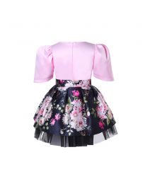 Pink Shirt Black Floral Skirt + Handmade Headband