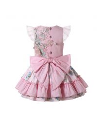 Girls Sundress Crewneck Sleeveless Floral Patterns Pink Dress + Handmade Headband
