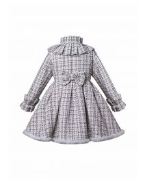 (Pre-order) Girls White Cotton Tweed Bows Coat with Fur Trim