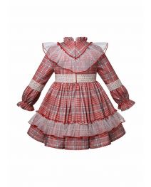 (Pre-order)Girls Red & Ivory Checked Dress + Handmade Headband