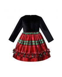 Girls Black Velvet Green Stripe Dress with Green Bow