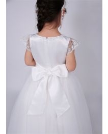 (Pre-Order)Girls White Satin Dresses with Lace Cap Sleeves
