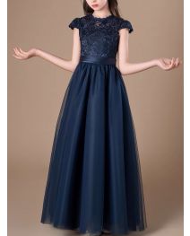 Princess Scoop Floor-Length Lace/Tulle Flower Girl Dress Navy Blue Ball-Gown