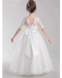 White Elegant Flower Girl Dress Lace Tulle Half Sleeves Princess Bow Birthday Concert Floor-length Junior Bridesmaid Gown