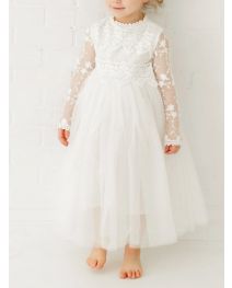 Long Sleeve Lace Flower Girl White Tulle Wedding Bohemian Lace Dress Boho Christening Gown Baptism Dress