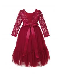 Burgundy Flower Girl Dress Long Sleeve Lace White Tulle Wedding Bohemian Dress