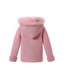 Dark Pink baby Square Collar Sweater Coat With Detachable Hat
