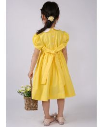 (Pre-order)Girls Yellow Peter Pan Collar Embroidered Smocked Dress