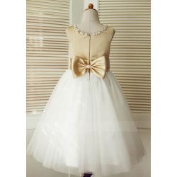Champagne Satin Ivory Tulle Wedding Flower Girl Dress