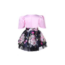 Pink Shirt Black Floral Skirt + Handmade Headband