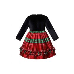 Girls Black Velvet Green Stripe Dress with Green Bow