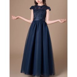 Princess Scoop Floor-Length Lace/Tulle Flower Girl Dress Navy Blue Ball-Gown