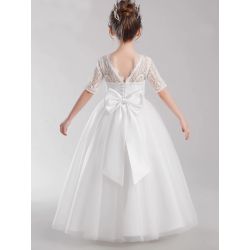 White Elegant Flower Girl Dress Lace Tulle Half Sleeves Princess Bow Birthday Concert Floor-length Junior Bridesmaid Gown