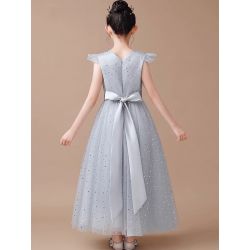 Grey Sleeveless Princess Tulle Skirt Flower Girl Dresses With Sequins