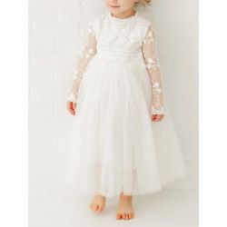 Long Sleeve Lace Flower Girl White Tulle Wedding Bohemian Lace Dress Boho Christening Gown Baptism Dress