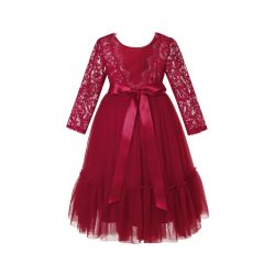 Burgundy Flower Girl Dress Long Sleeve Lace White Tulle Wedding Bohemian Dress