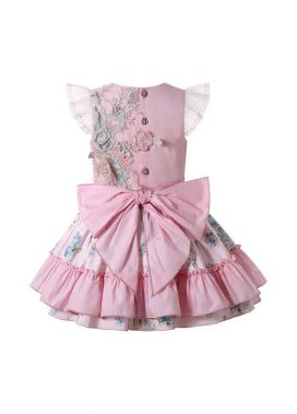 Girls Sundress Crewneck Sleeveless Floral Patterns Pink Dress + Handmade Headband