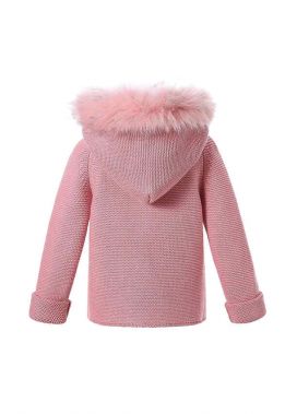 Dark Pink baby Square Collar Sweater Coat With Detachable Hat