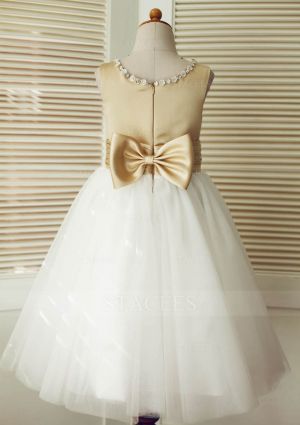 Champagne Satin Ivory Tulle Wedding Flower Girl Dress