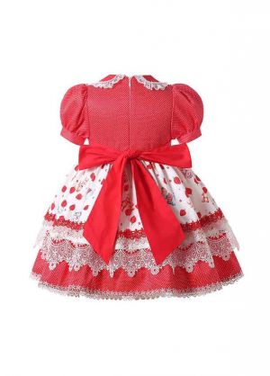 (7 pieces) Red Printed Lace Lantern Sleeve Dress + Shorts + Handmade Headband