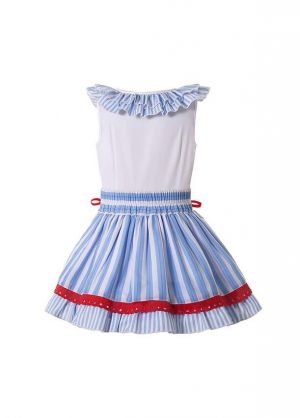 (7 pieces) Girls Blue Red White Ruffled Striped Hem Dress + Handmade Headband