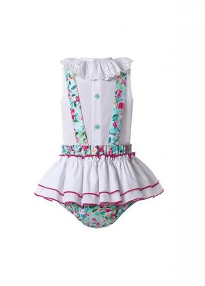 (4 pieces) 3-piece Sleeveless White Top and Floral Patterns Shorts + Handmade Headband