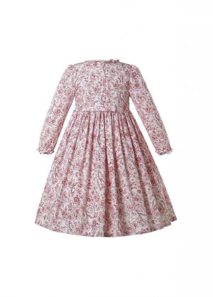 Pink Floral Girls Long Sleeve Smocked Dress