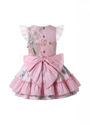 (ONLY 5Y)Girls Sundress Crewneck Sleeveless Floral Patterns Pink Dress + Handmade Headband