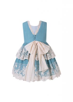 (PRE-ORDER)Girls Sky Blue Flower Lace Dress + Headband
