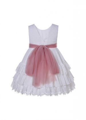 (PRE-ORDER) White Lace Tulle Communion dress With Pink Sash + Headpiece