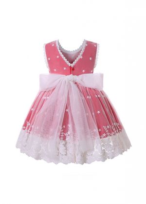 (PRE-ORDER)Pink Girls Flower Embroidery Tulle Dress + Handmade Headband