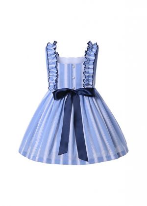 (PRE-ORDER)Girls Sleeveless Embroidery White & Blue Striped Dress + Handmade Headband