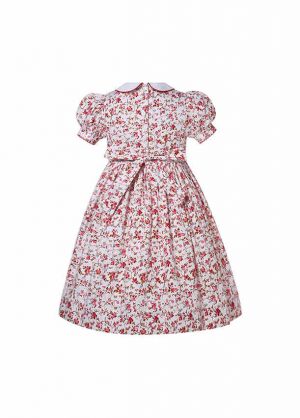 Girls Red and White Floral Smocked Dresses