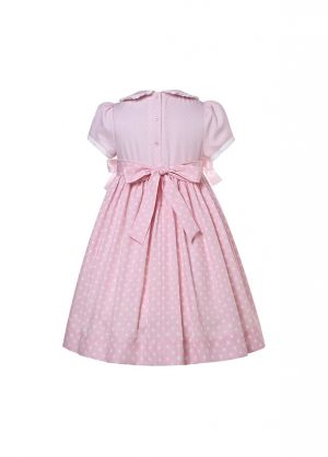 Girls Pink Polka Dots Smocked Dress with Bows