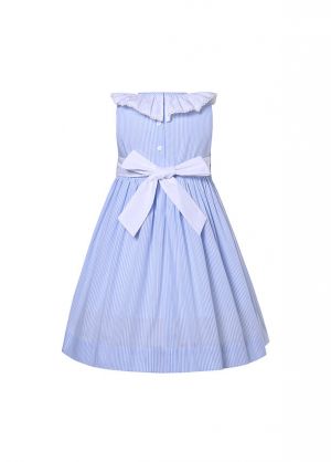 Girls Blue Stripe Sleeveless Smocked Dresses