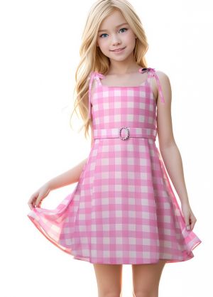 Pink and White Gingham Dress for Girls with Pearl Ring Fastening