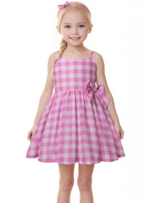 Pink and White Gingham Girls Dress With Wavy hem