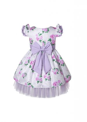 Girls Purple Flower Printed Tulle Dresses with Bows