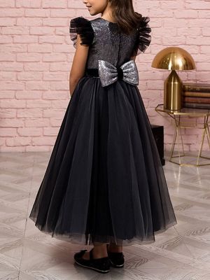 Girls Contrast Sequins Mesh Party Dress A Line Wedding Flower Girl Dress